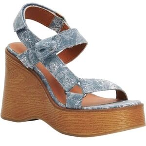 Lucky Brand Blue Paisley Denim Platform Wedge Sandals 9M 40‎ Boho Wood Grain